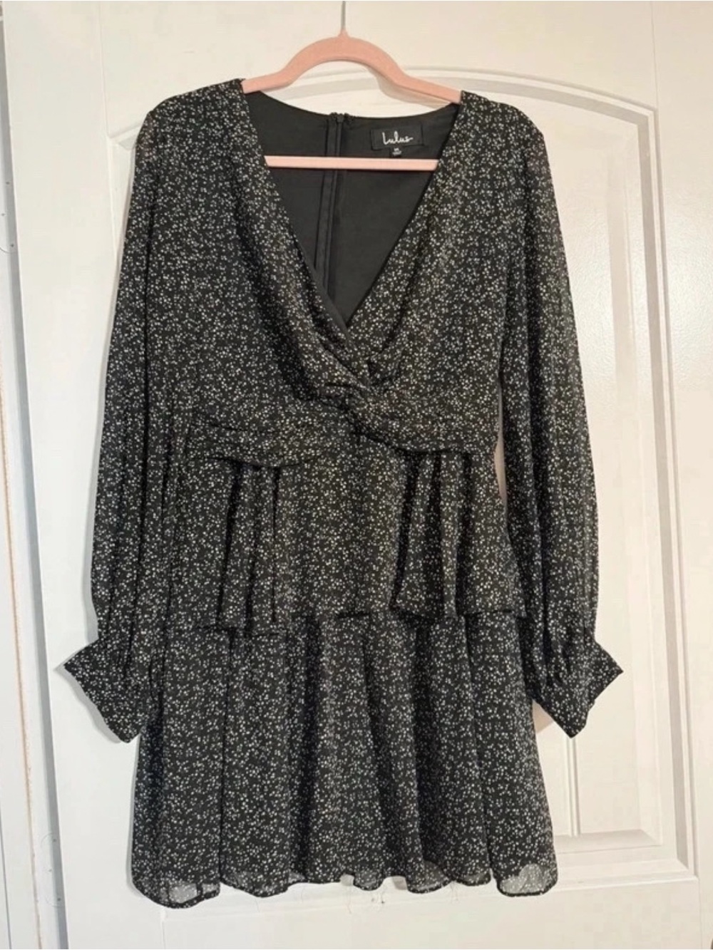 Lulu's Black Long-Sleeve Twist-Front Tiered Mini Dress with White Ditsy Print
